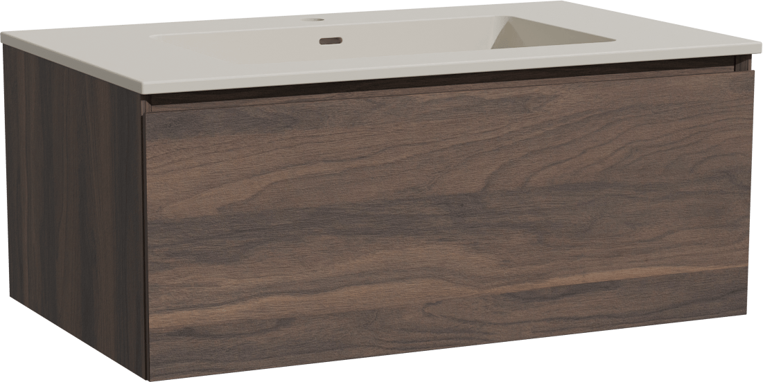 Storke Edge zwevend badmeubel 85 x 52 cm notenhout met Diva enkele wastafel in top solid zijdegrijs
