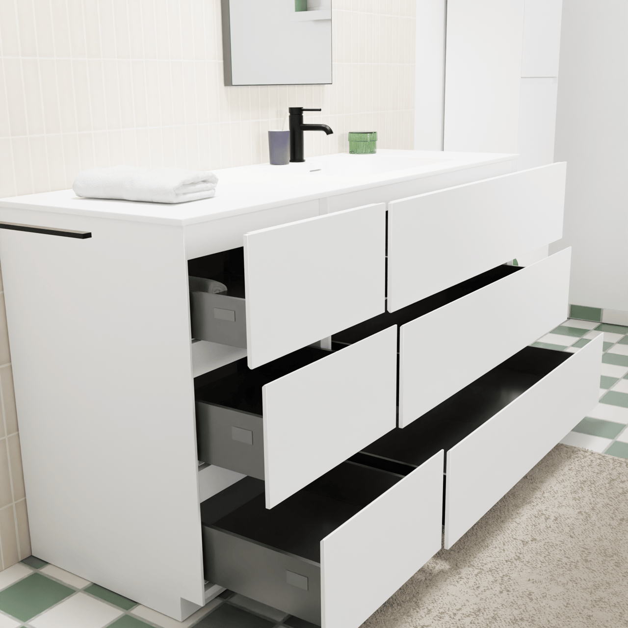 Storke Edge meuble salle de bains à poser 150 x 52 cm blanc mat avec Mata plan vasque asymétrique à droite en solid surface blanc mat