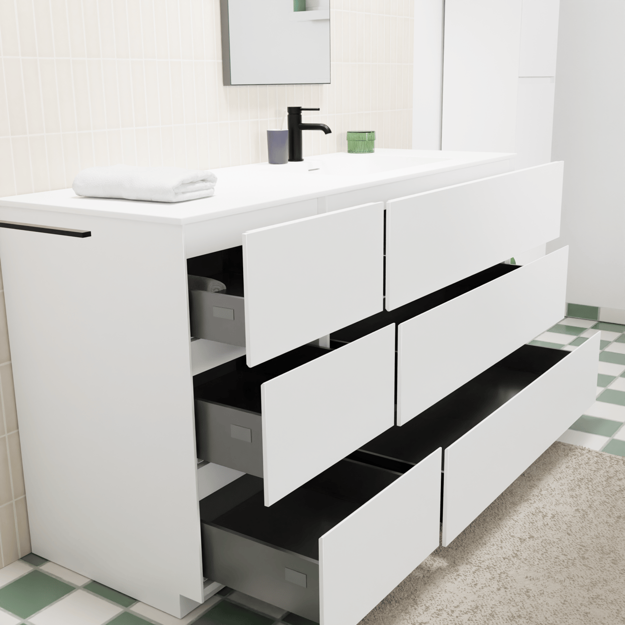 Storke Edge staand badmeubel 150 x 52 cm mat wit met Mata asymmetrisch rechtse wastafel in solid surface mat wit