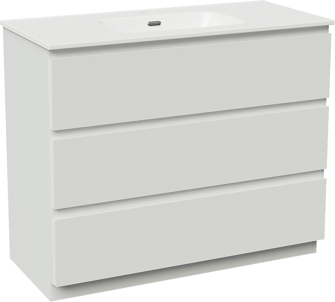Linie Lado freistehendes Möbelstück Set: 100 x 46 cm, Weiß matt, mit Baro Einzelwaschtisch, Porzellan Weiß glänzend