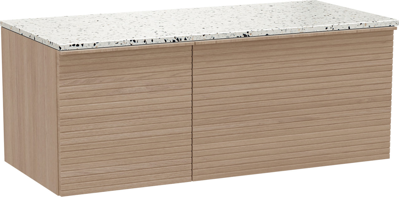 Balmani Forma zwevend badkamermeubel 120 x 55 cm natuur eik met Stretto enkel of dubbel tablet in mat wit/zwart terrazzo, Horizontale symmetrische rechte ribbel