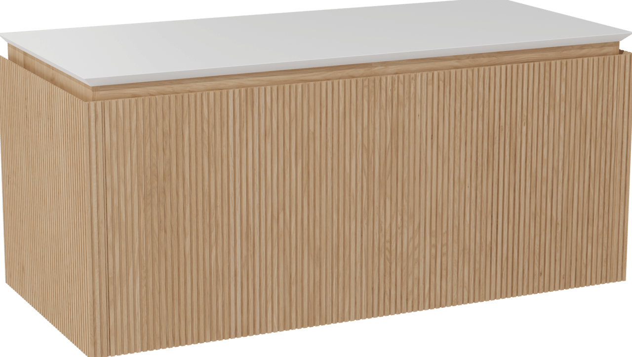 Balmani Eclips meuble salle de bains suspendu 120 x 55 cm Chêne naturelle avec Eclips tablette simple ou double vasque en Solid Surface blanc mat, Nervure droite symétrique verticale