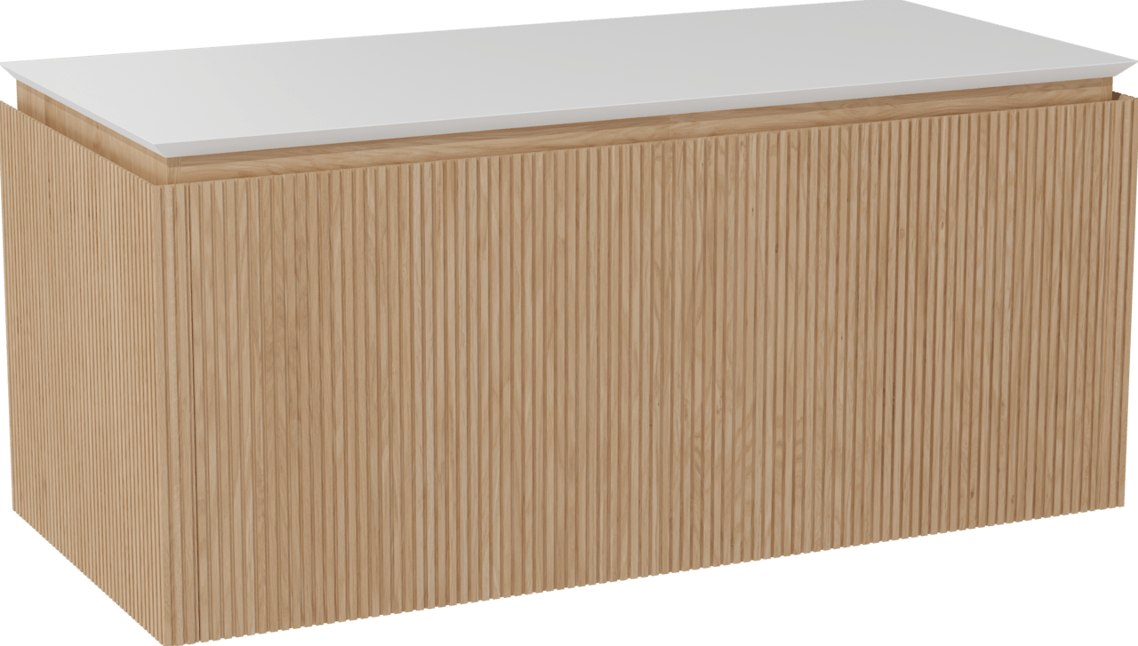 Balmani Eclips zwevend badkamermeubel 120 x 55 cm Natuur eik met Eclips enkele of dubbele tablet in Solid Surface mat wit, Verticale symmetrische rechte ribbel