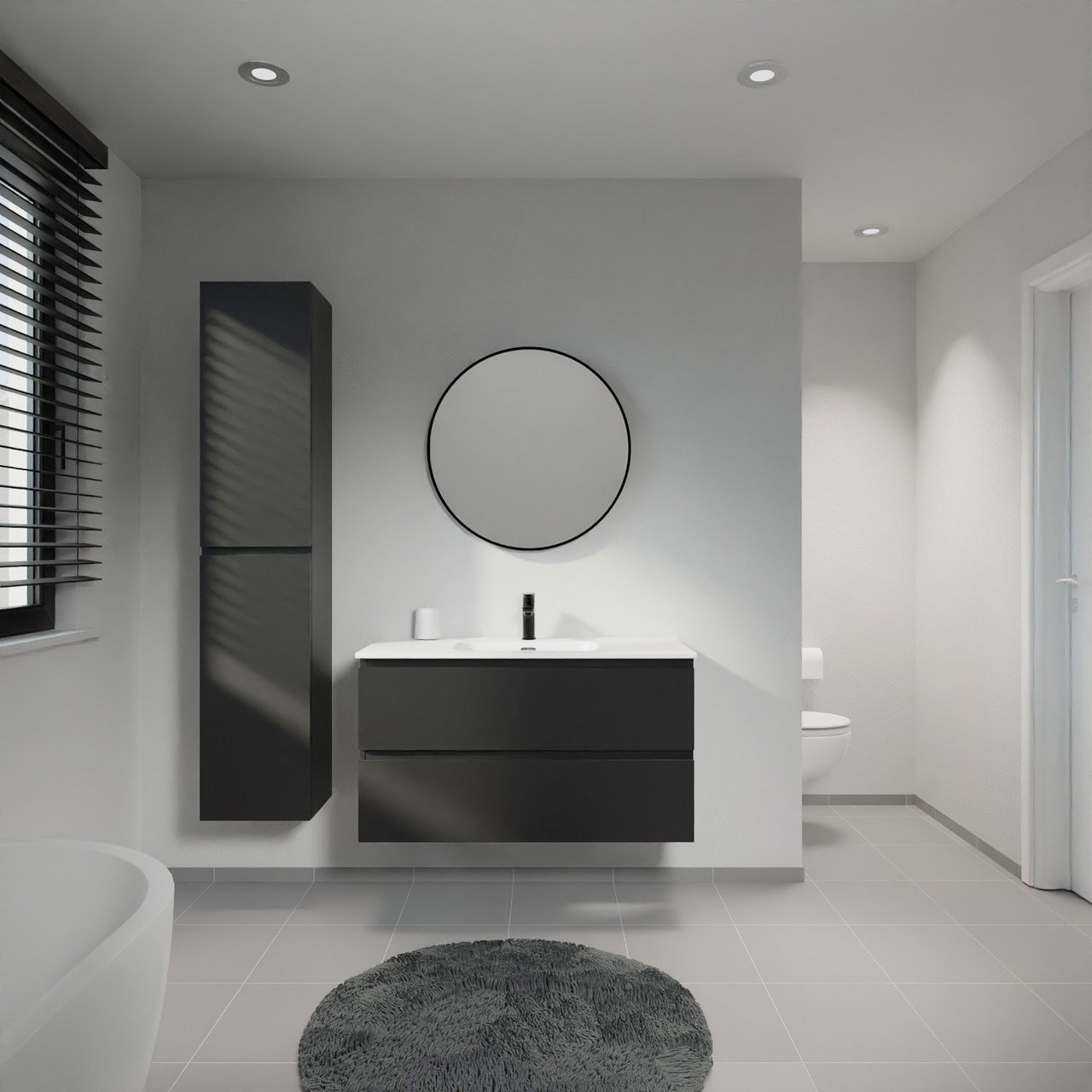 Linie Lado hängendes Möbelstück Set: 100 x 46 cm, Schwarz matt, mit Baro Einzelwaschtisch, Porzellan Weiß matt