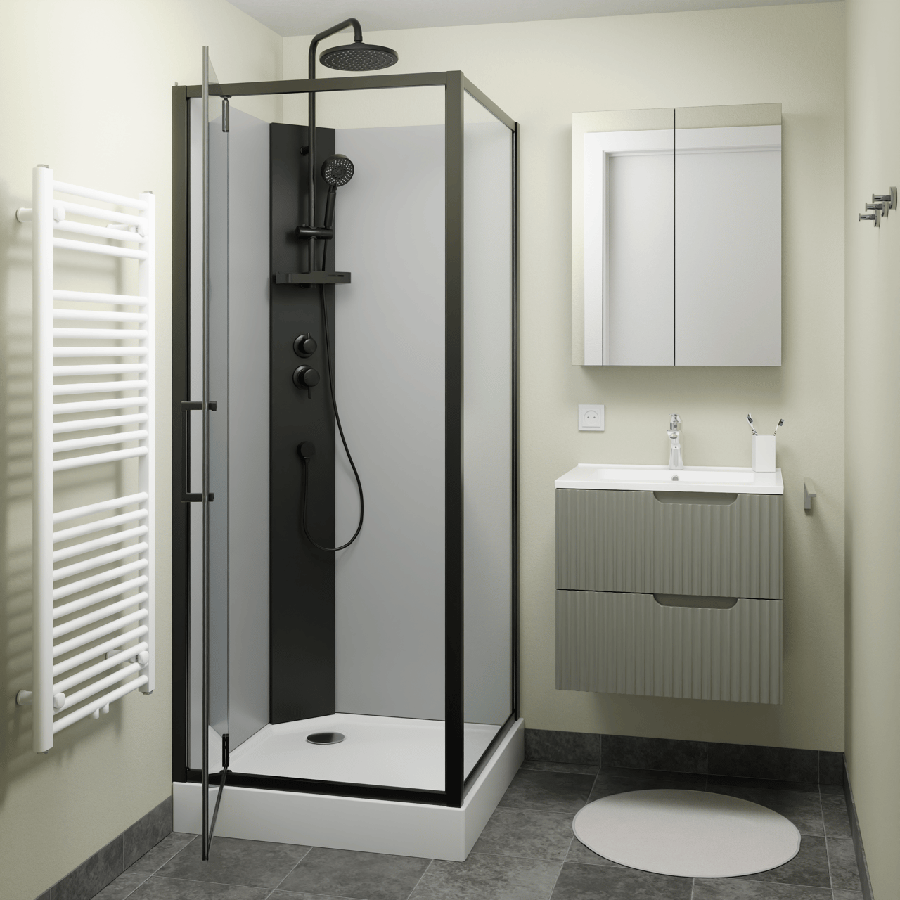 Linie Salta complete douchecabine met draaideuren 80 x 80 cm helder glas zwart profiel met kraan