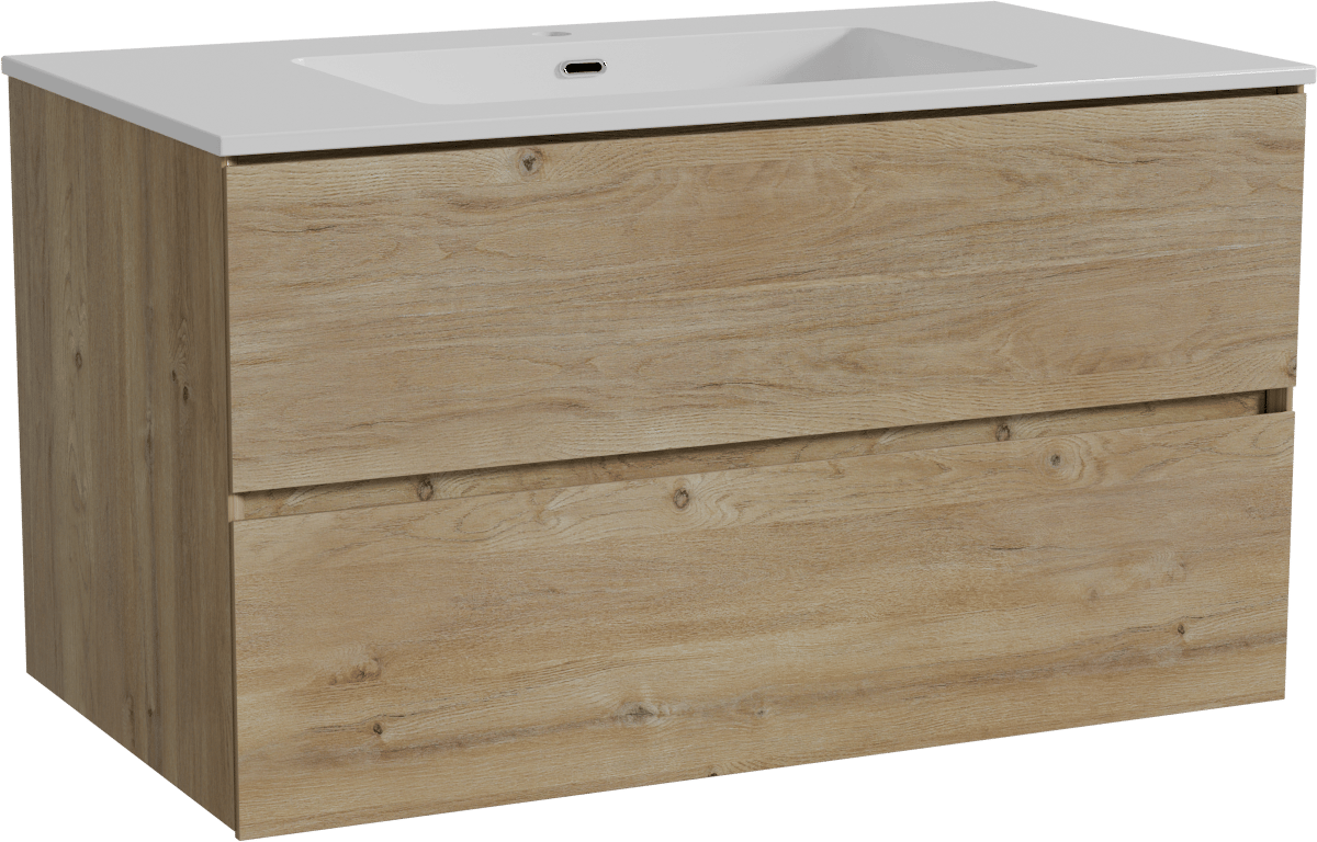 Storke Edge meuble salle de bains suspendu 95 x 52 cm chêne brut avec Diva plan simple en marbre composite blanc brillant