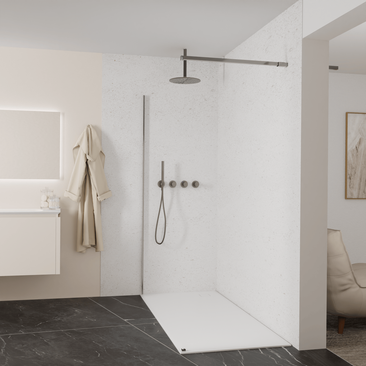 Balmani Modular douche à l'italienne: 180 x 200 cm, Verre transparent, avec coating, Profil Brushed GunMetal