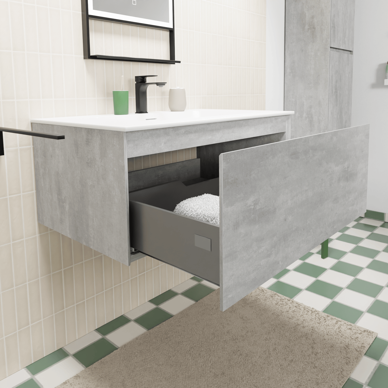 Storke Edge meuble salle de bains suspendu 85 x 52 cm béton gris foncé avec Mata plan simple en solid surface blanc mat