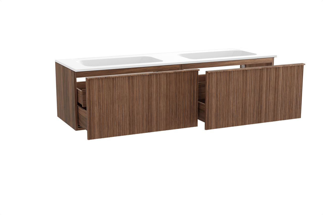 Balmani Forma meuble salle de bains suspendu 180 x 55 cm noyer américain avec Tablo Strada double vasque en marbre composite blanc mat, Nervure circulaire asymétrique verticale