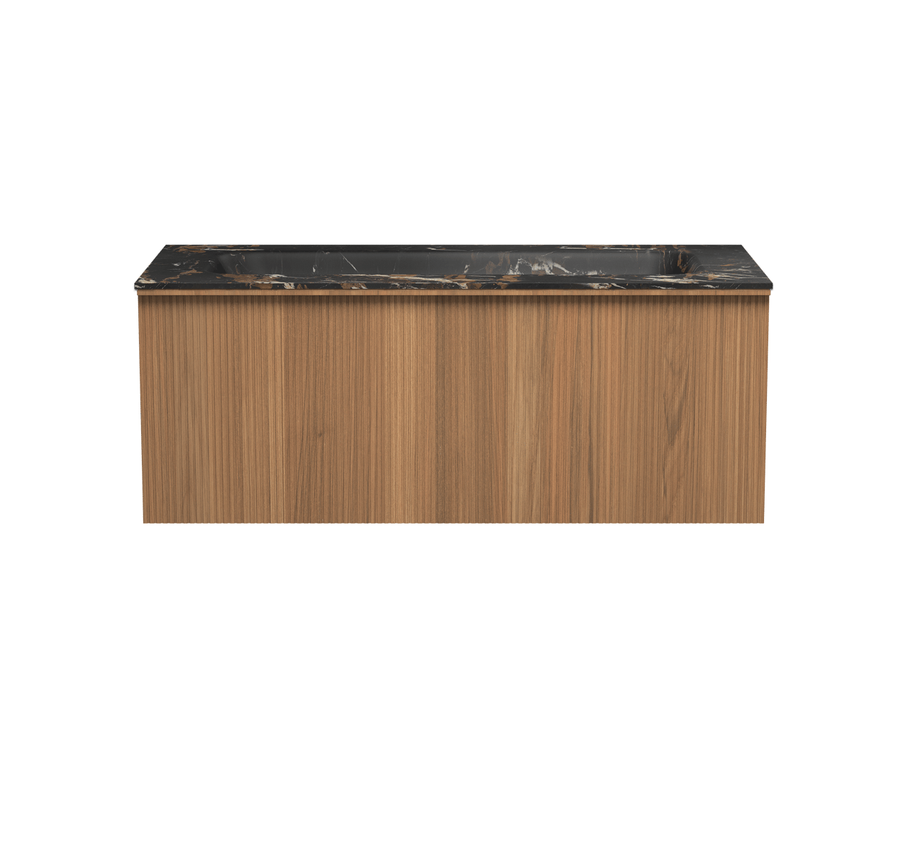 Balmani Forma hängendes Möbelstück Set: 120 x 55 cm, Teak, mit Tablo Arcato Einzelwaschtisch für 2 Armaturenlöcher, Marmor, Portoro Gold, Vertikale symmetrische gerade Rippe