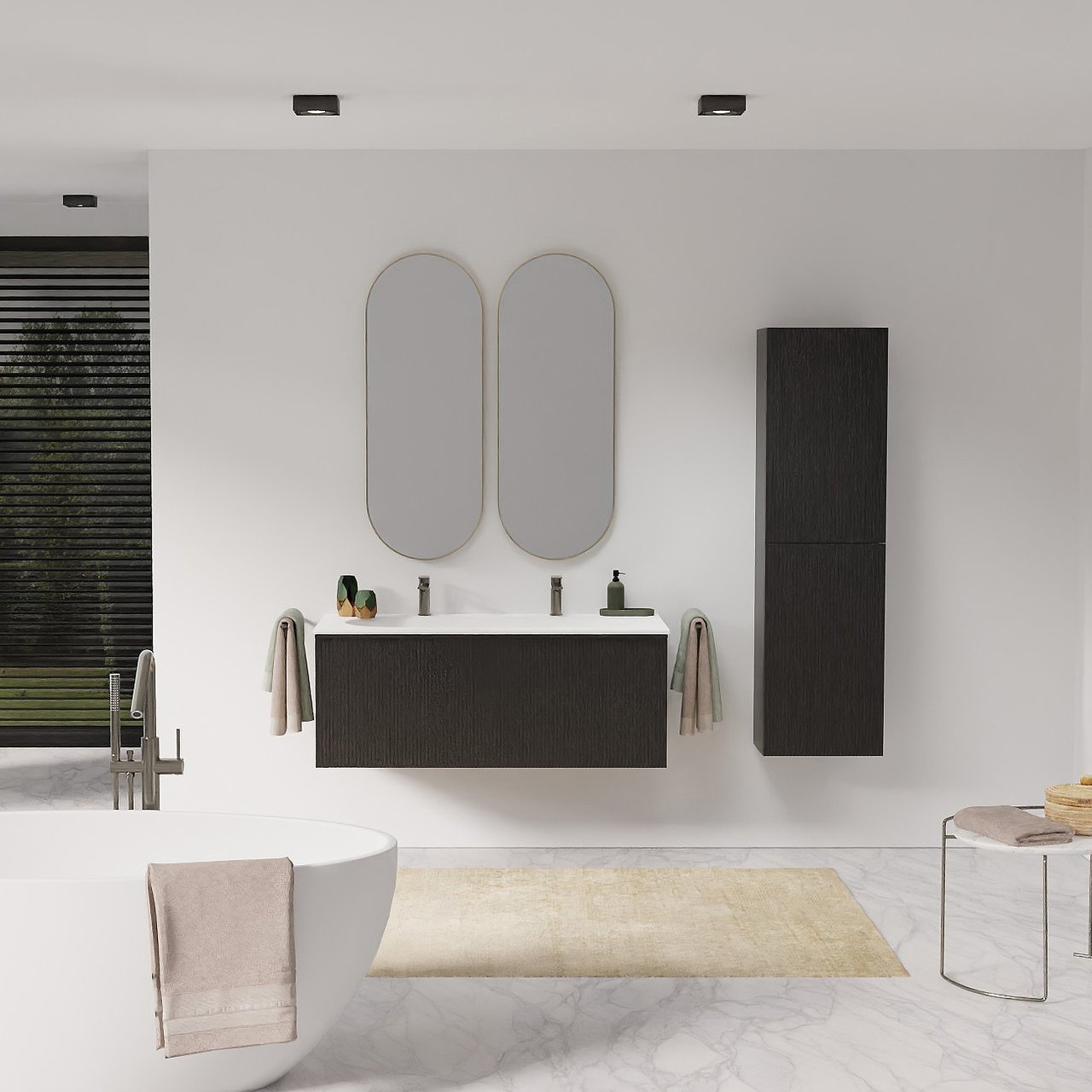 Balmani Forma hängendes Möbelstück Set: 120 x 55 cm, Schwarze Eiche, mit Tablo Arcato Waschtisch links, Solid Surface, Weiß matt, Vertikale symmetrische gerade Rippe