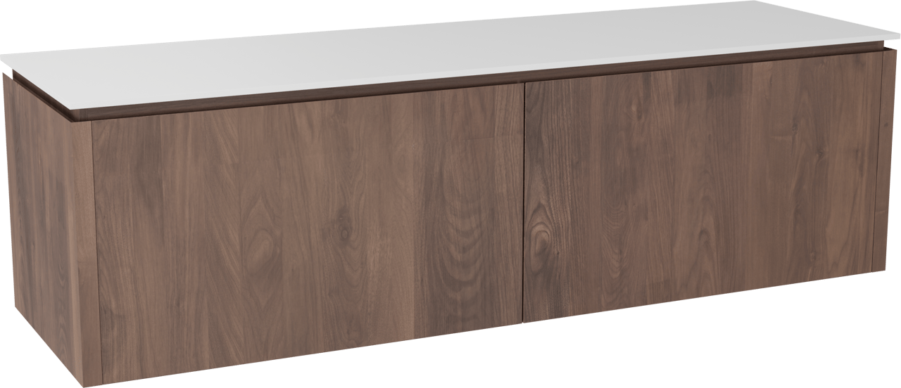 Balmani Eclips meuble salle de bains suspendu 180 x 55 cm Noyer américain avec Stretto tablette simple ou double en Solid Surface blanc mat