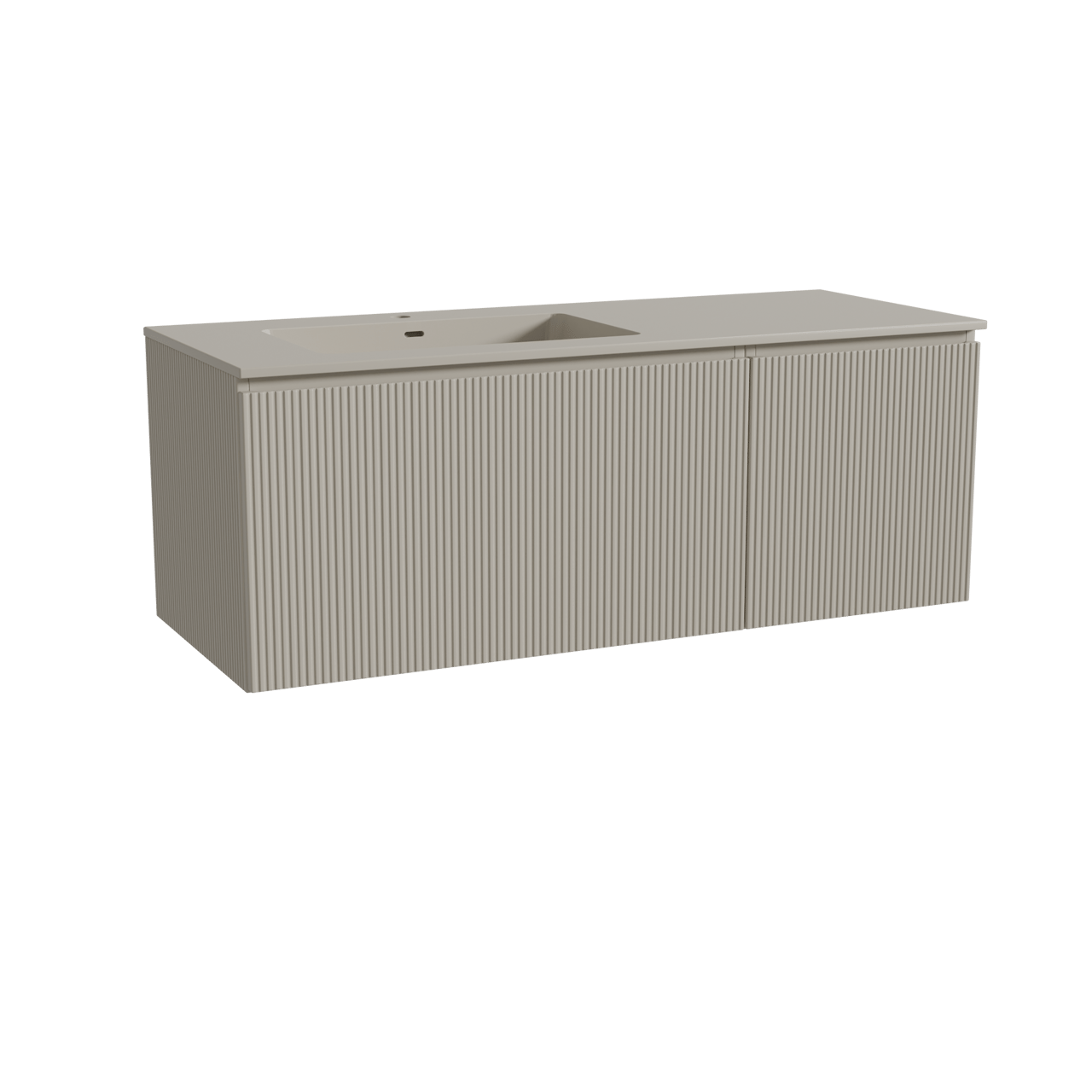 Storke Ribs meuble salle de bains suspendu 130 x 52 cm soie grise avec Diva plan vasque asymétrique à gauche en top solid soie grise, Nervure droite symétrique verticale