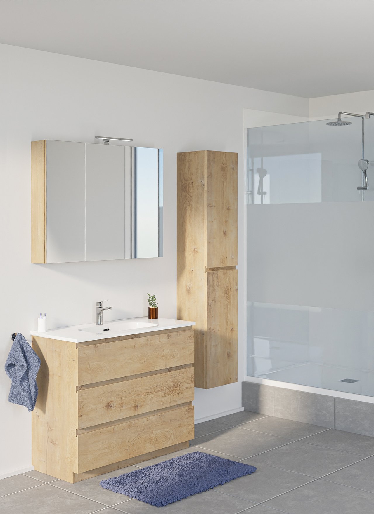 Linie Lado stehender Waschbeckenunterschrank: 100 x 46 cm, Eiche Natur, 3 Schubladen