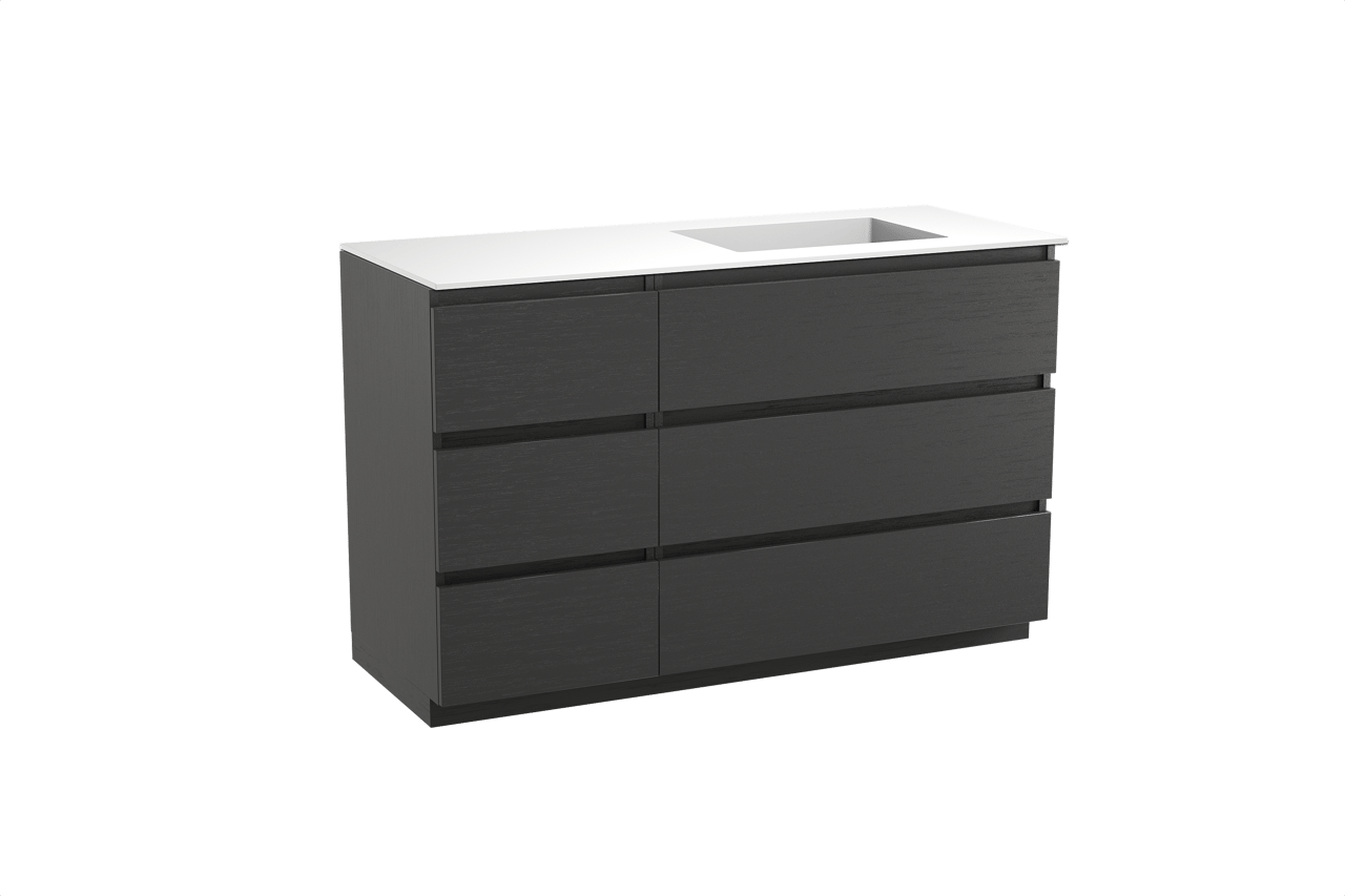 Balmani Lucida freistehendes Möbelstück Set: 135 x 55 cm, Schwarze Eiche, mit Tablo Stretto Waschtisch rechts, Solid Surface Weiß matt