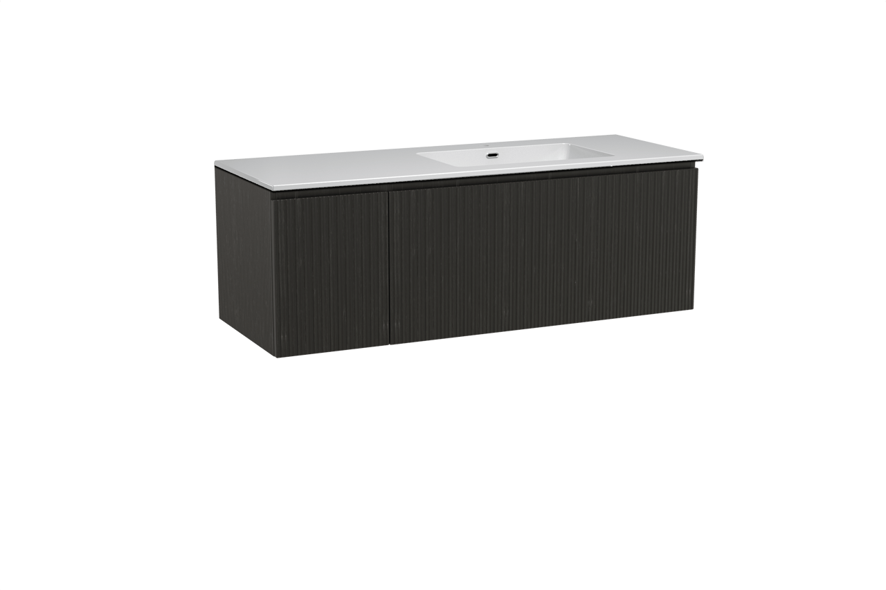 Storke Ribs zwevend badmeubel 140 x 52 cm zwart eiken met Diva asymmetrisch rechtse wastafel in composietmarmer hoogglans wit, Verticale asymmetrische rechte ribbel