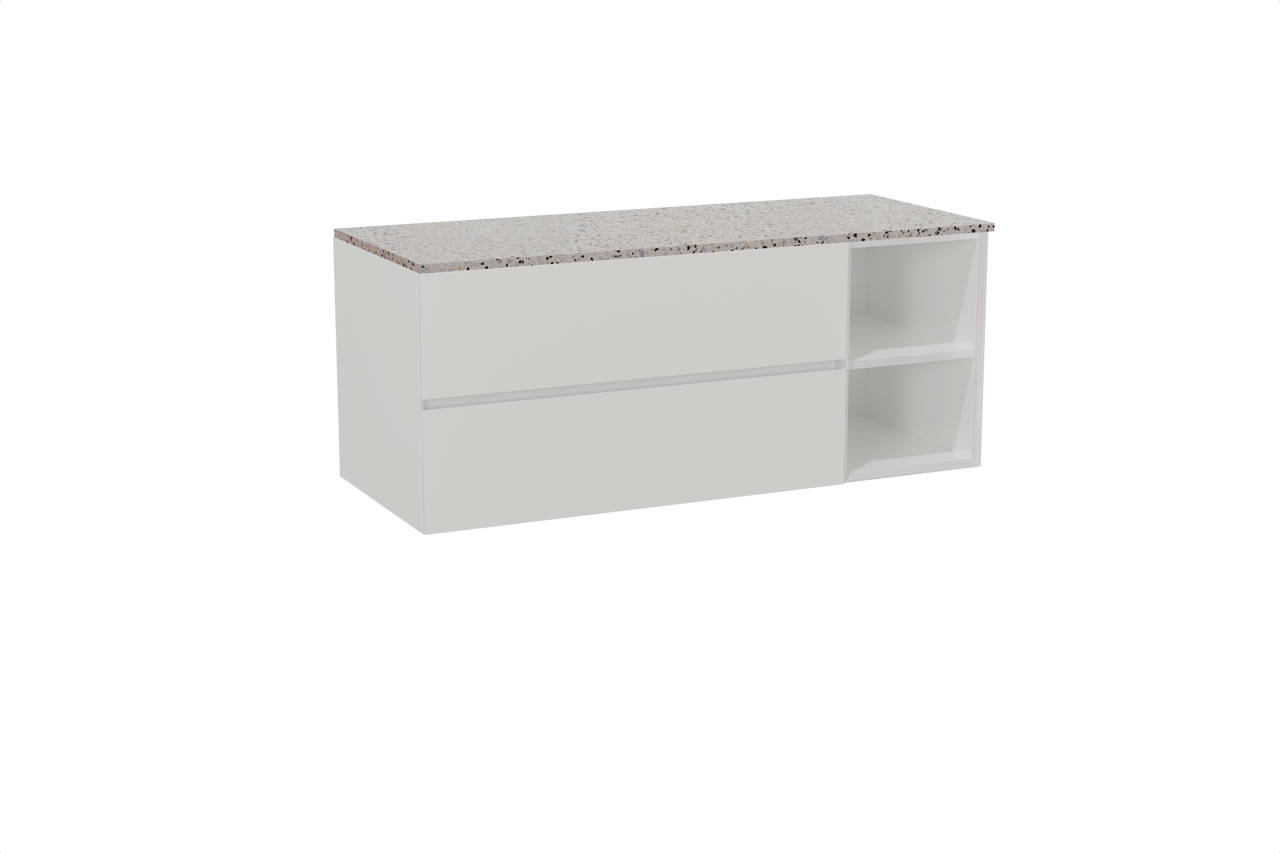 Storke Edge meuble salle de bains suspendu 130 x 52 cm blanc brillant avec Tavola tablette simple ou double en blanc/noir mat terrazzo