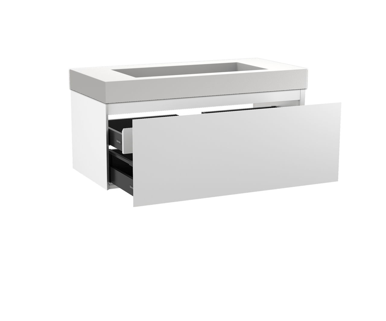 Balmani Idra hängendes Möbelstück Set: 120 x 55 cm, Weiß matt, mit Modus Einzelwaschtisch für 2 Armaturenlöcher, Solid Surface Weiß matt