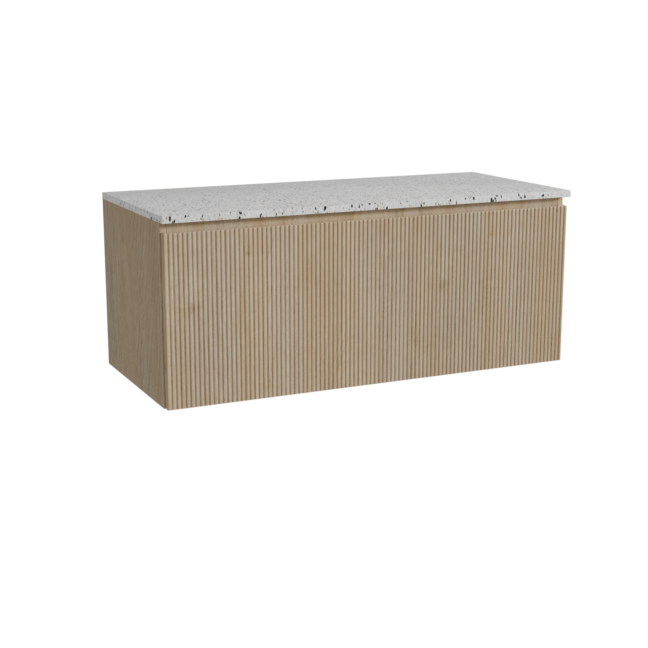 Storke Ribs hängendes Möbelstück Set: 120 x 52 cm, Rohe Eiche, mit Tavola Einzel- oder Doppel Waschtischplatte, Terrazzo in Weiß/Schwarz matt, Vertikale symmetrische gerade Rippe