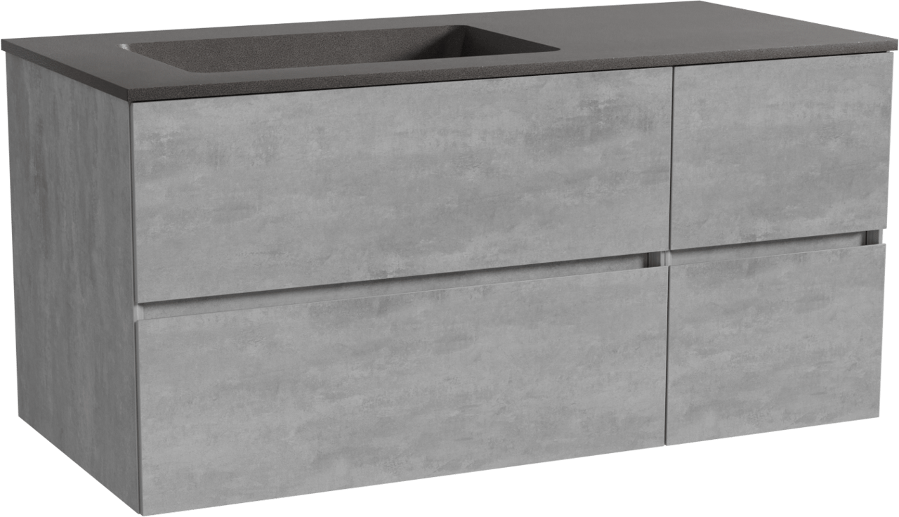 Storke Edge zwevend badmeubel 110 x 52 cm beton donkergrijs met Scuro asymmetrisch linkse wastafel in kwarts mat zwart
