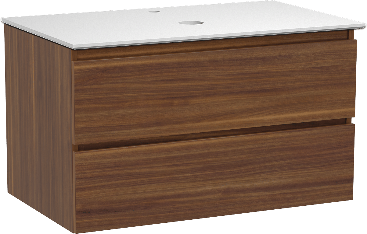 Balmani Lucida meuble salle de bains suspendu 90 x 55 cm noyer américain avec Facetta tablette simple en solid surface blanc mat