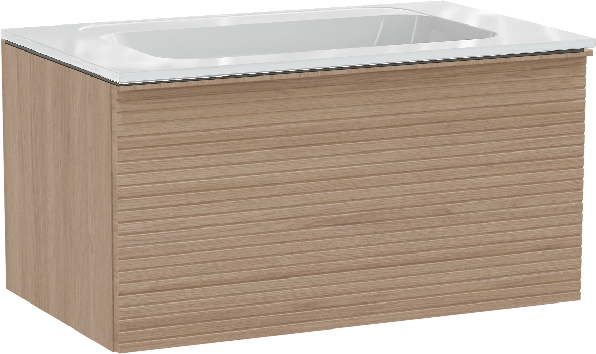 Balmani Forma hängendes Möbelstück Set: 90 x 55 cm, Naturbelassene Eiche, mit Tablo Strada Einzelwaschtisch, Marmorkomposit, Weiß glänzend, Horizontale symmetrische gerade Rippe