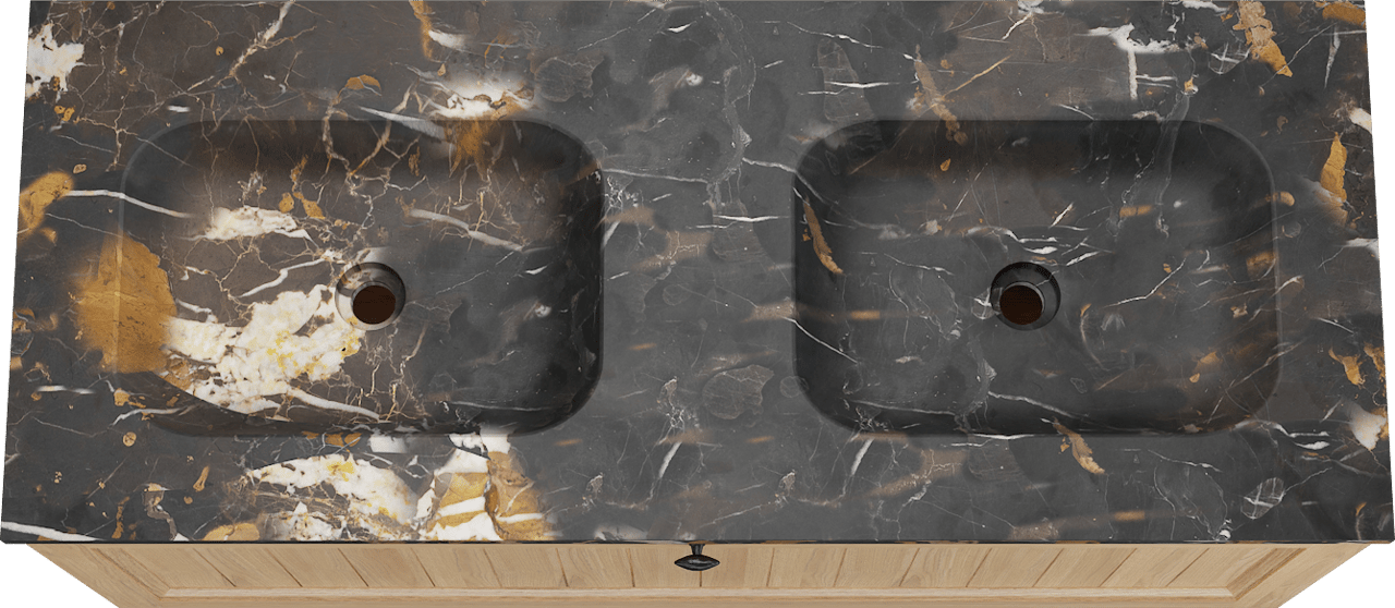 Balmani Lemon zwevend badkamermeubel 135 x 55 cm, fineer natuur eik met Tablo Arcato dubbele wastafel in portoro gold