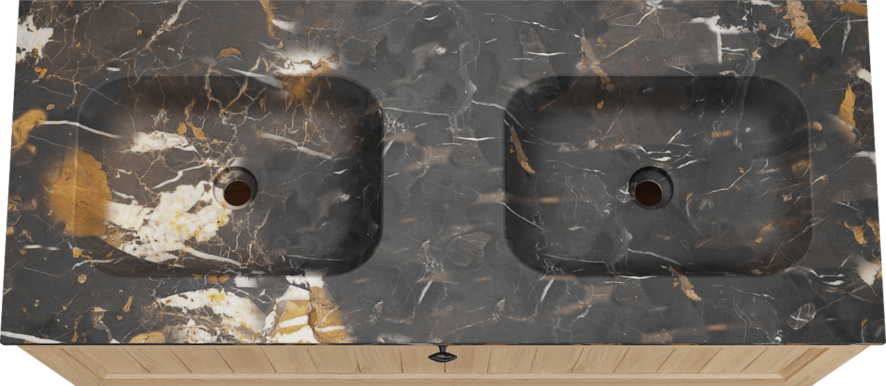 Balmani Lemon zwevend badkamermeubel 135 x 55 cm, fineer natuur eik met Tablo Arcato dubbele wastafel in portoro gold