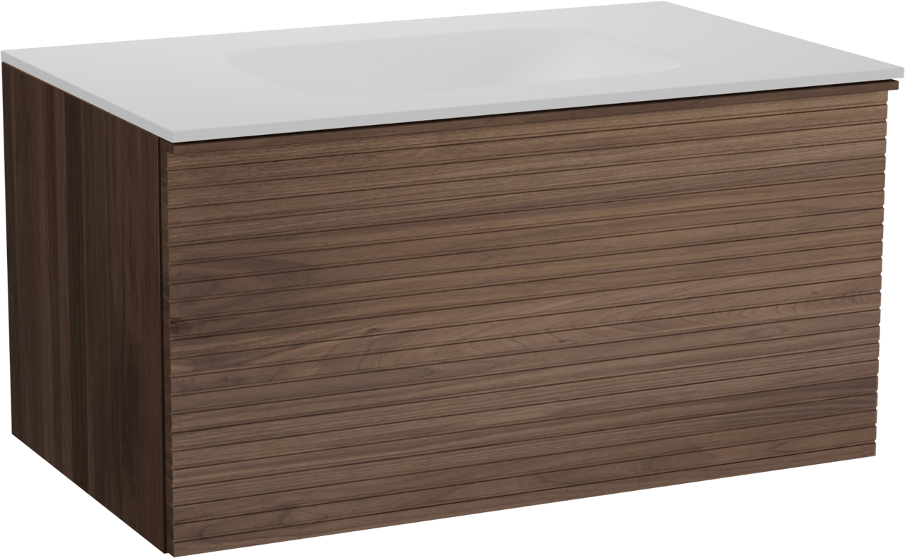 Balmani Forma hängendes Möbelstück Set: 90 x 55 cm, Amerikanischer Nussbaum, mit Tablo Arcato Einzelwaschtisch, Solid Surface, Weiß matt, Horizontale symmetrische gerade Rippe