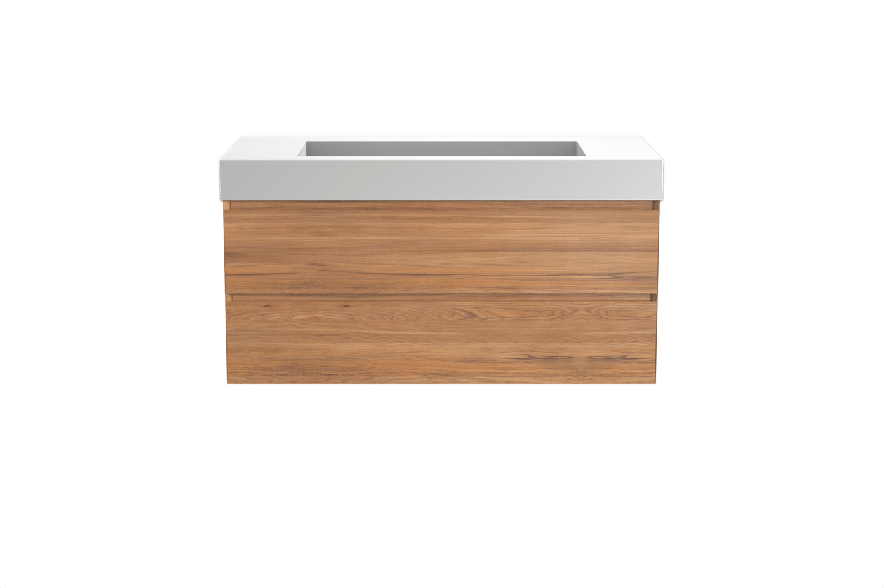 Balmani Mitra hängendes Möbelstück Set: 120 x 55 cm, Teak, mit Modus Einzelwaschtisch für 2 Armaturenlöcher, Solid Surface Weiß matt