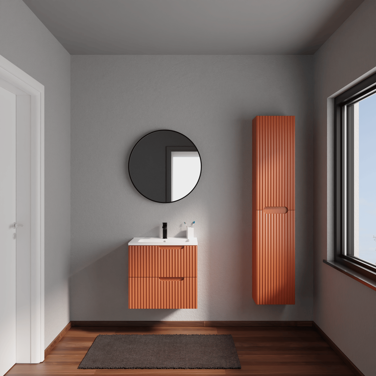 Linie Ribbo meuble salle de bains suspendu 60 x 46 cm cotto avec Vano plan simple en marbre composite blanc mat, Nervure circulaire symétrique verticale