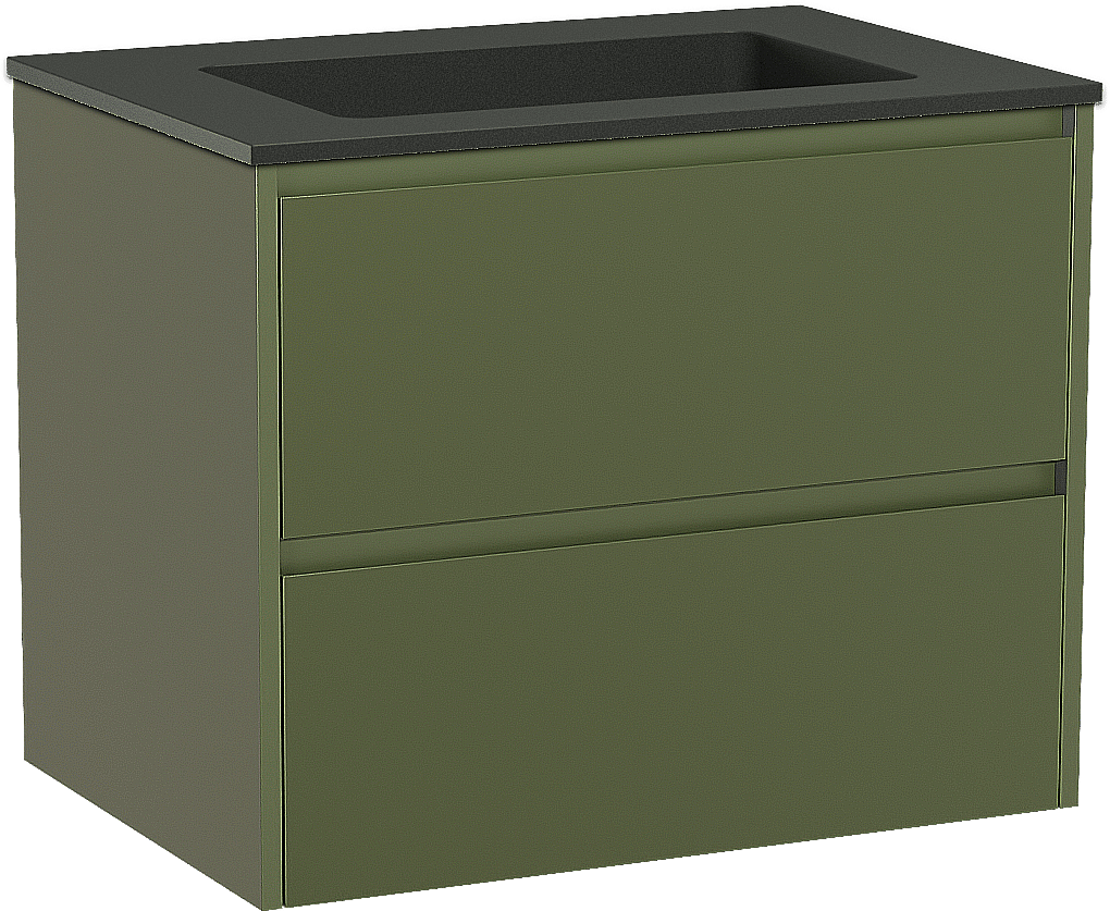 Storke Seda zwevend badmeubel 75 x 52 cm olijfgroen met Scuro enkele wastafel in kwarts mat zwart