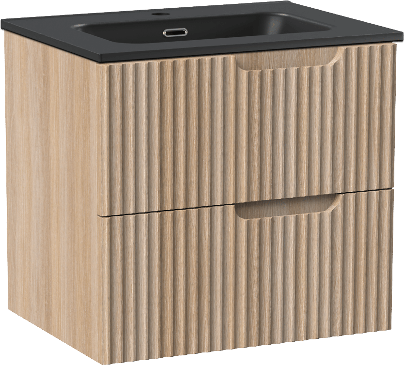 Linie Ribbo hängendes Möbelstück Set: 60 x 46 cm, Helle Eiche, mit Baro Einzelwaschtisch, Porzellan, Schwarz matt, Vertikale symmetrische runde Rippe