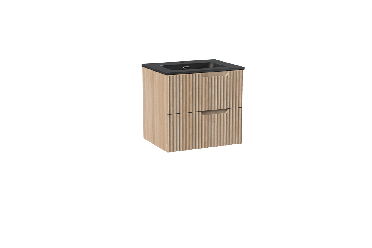 Linie Ribbo meuble salle de bains suspendu 60 x 46 cm chêne clair avec Baro plan simple en porcelaine noir mat, Nervure circulaire symétrique verticale