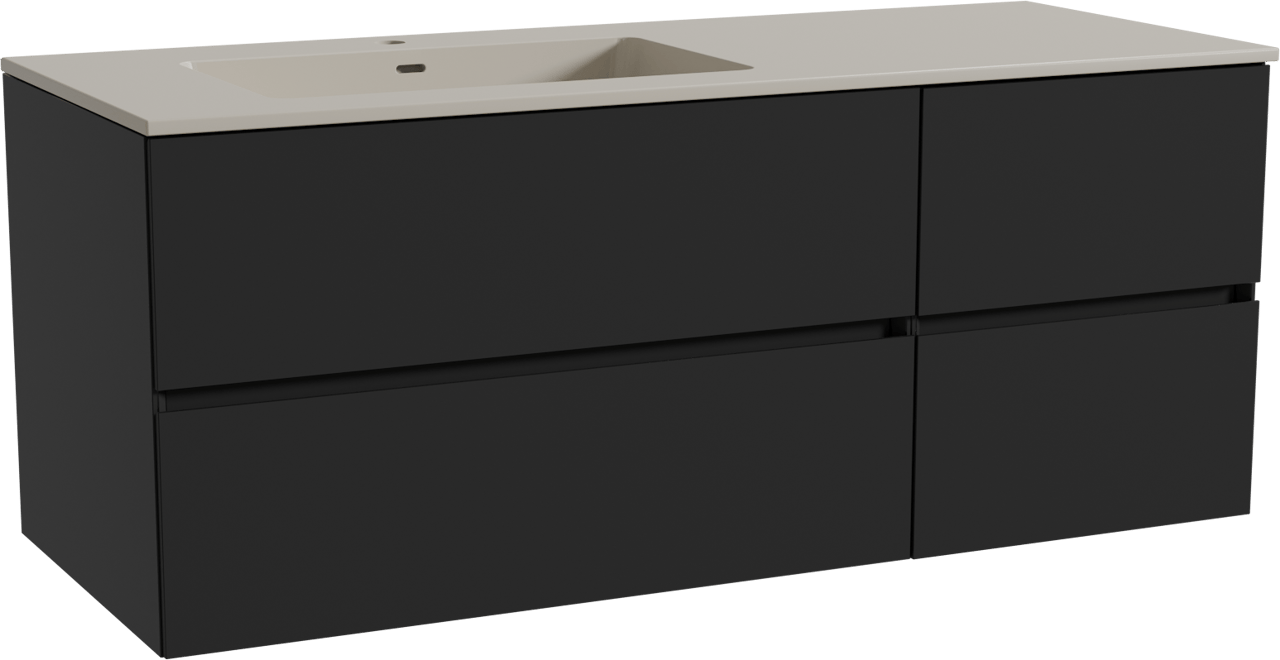 Storke Edge zwevend badkamermeubel 130 x 52 cm mat zwart met Diva asymmetrisch linkse wastafel in top solid zijdegrijs