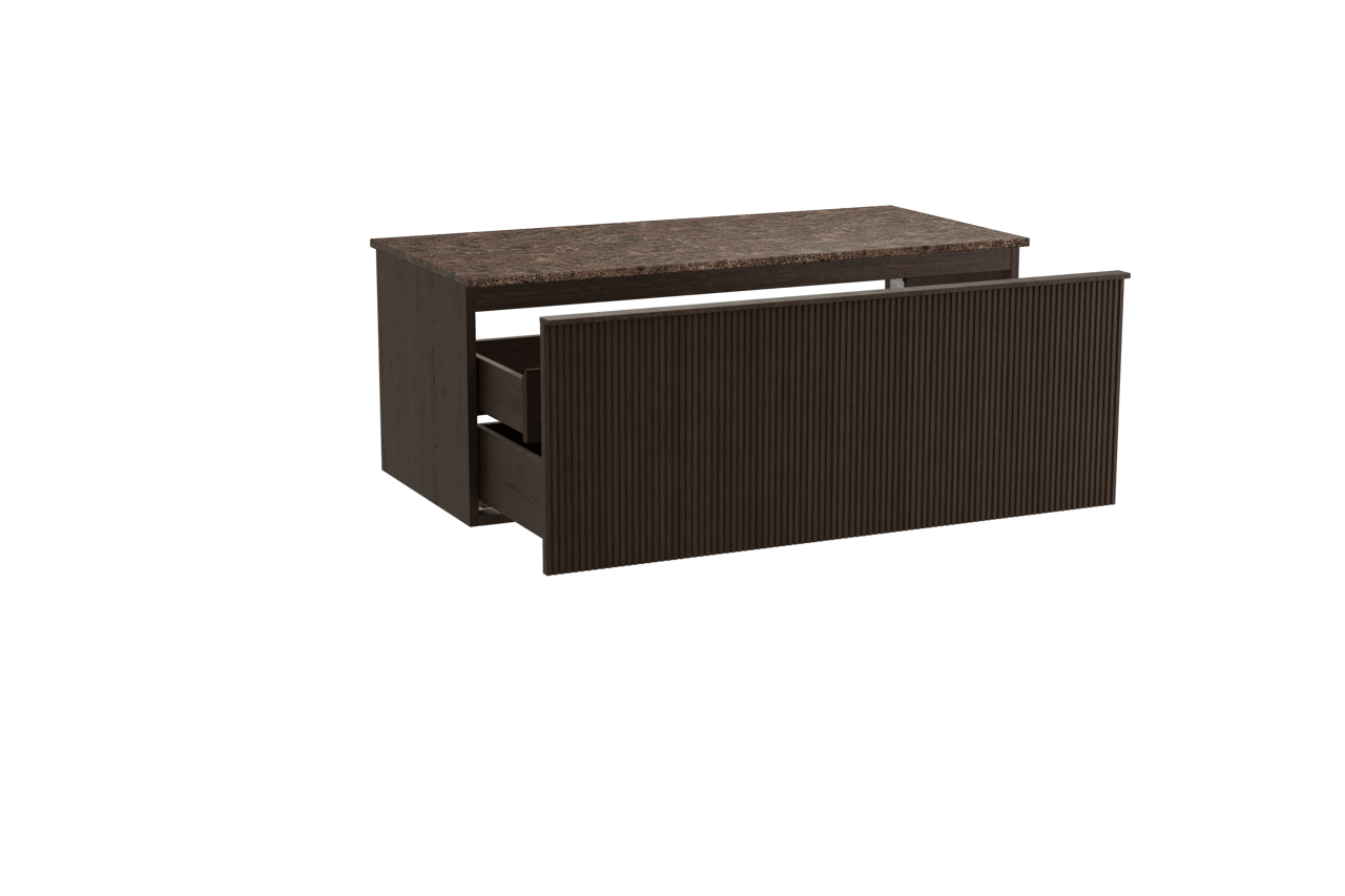 Balmani Forma hängendes Möbelstück Set: 120 x 55 cm, Geräucherte Eiche, mit Stretto Einzel- oder Doppel Waschtischplatte, Marmor, Dark Emperador, Vertikale symmetrische gerade Rippe