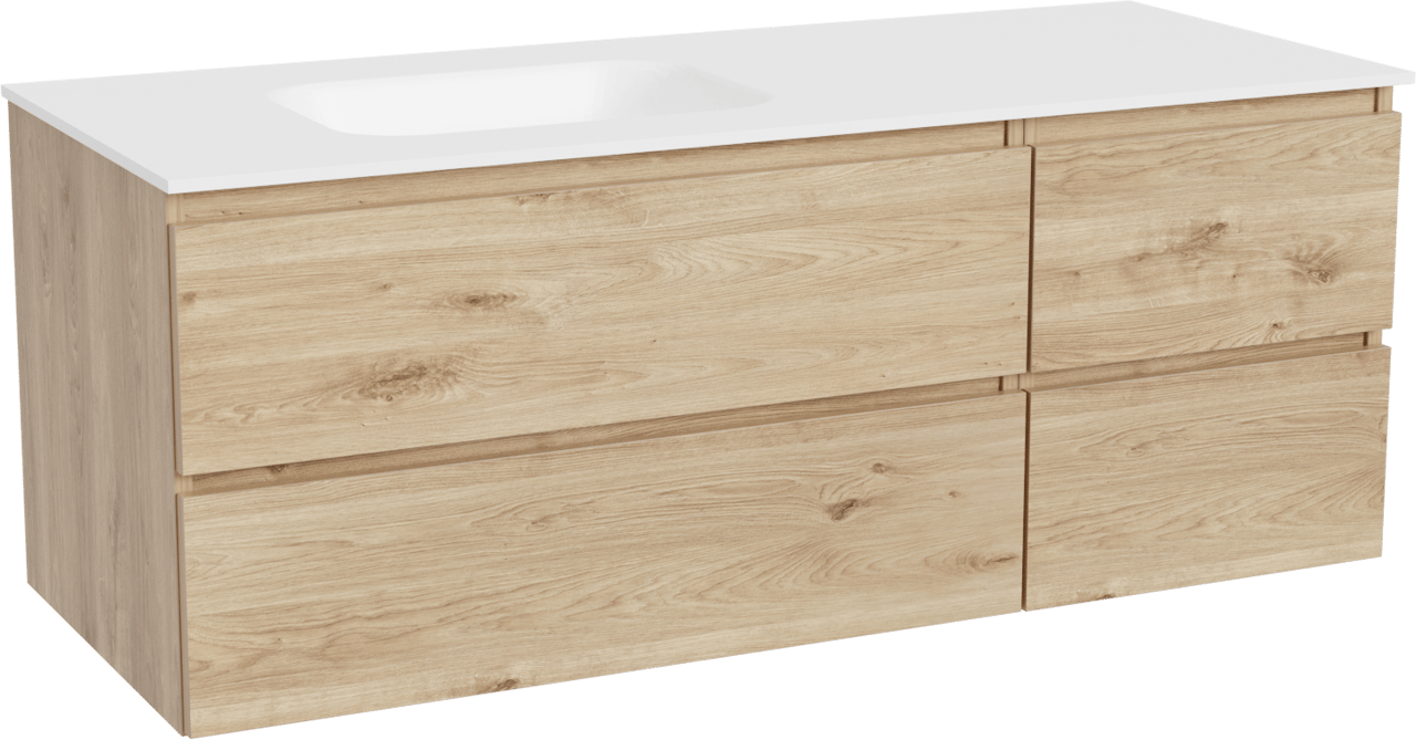Balmani Lucida hängendes Möbelstück Set: 135 x 55 cm, Rohe Eiche, mit Tablo Arcato Waschtisch links, Solid Surface Weiß matt