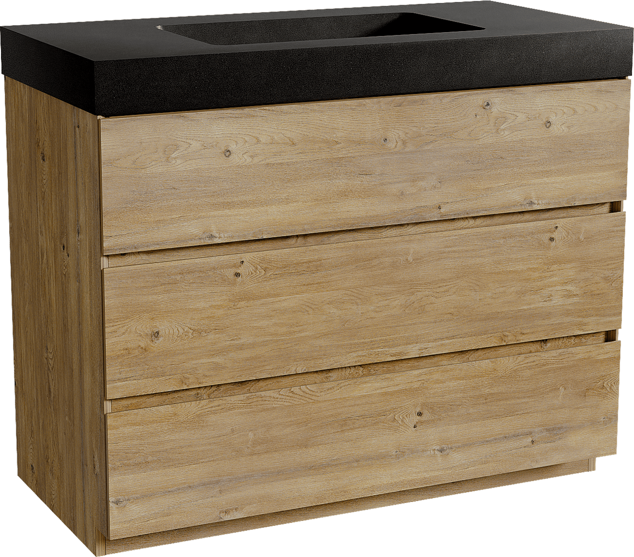 Storke Edge staand badmeubel 105 x 52 cm ruw eiken met Scuro High enkele wastafel in kwarts mat zwart