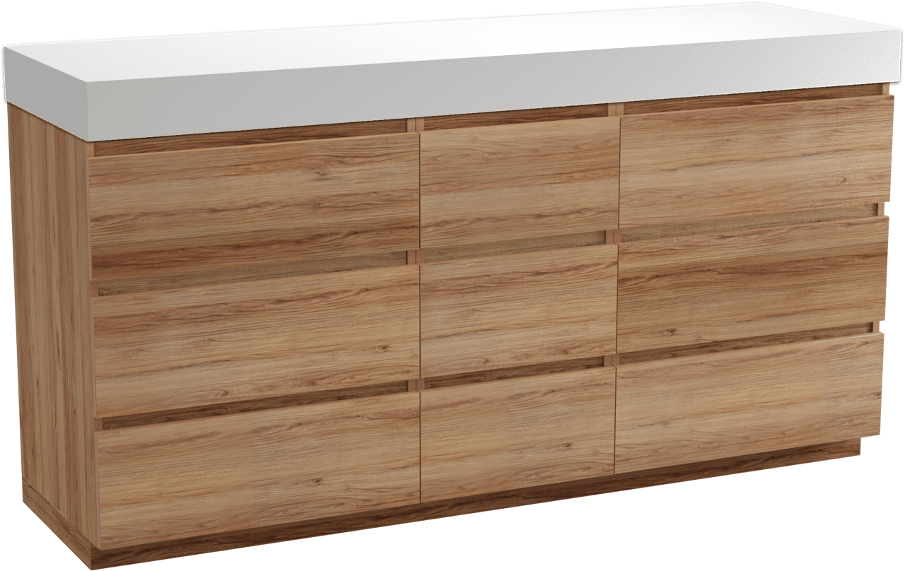 Balmani Lucida freistehendes Möbelstück Set: 180 x 55 cm, Teak, mit Dominus Einzel- oder Doppel Waschtischplatte, Solid Surface Weiß matt