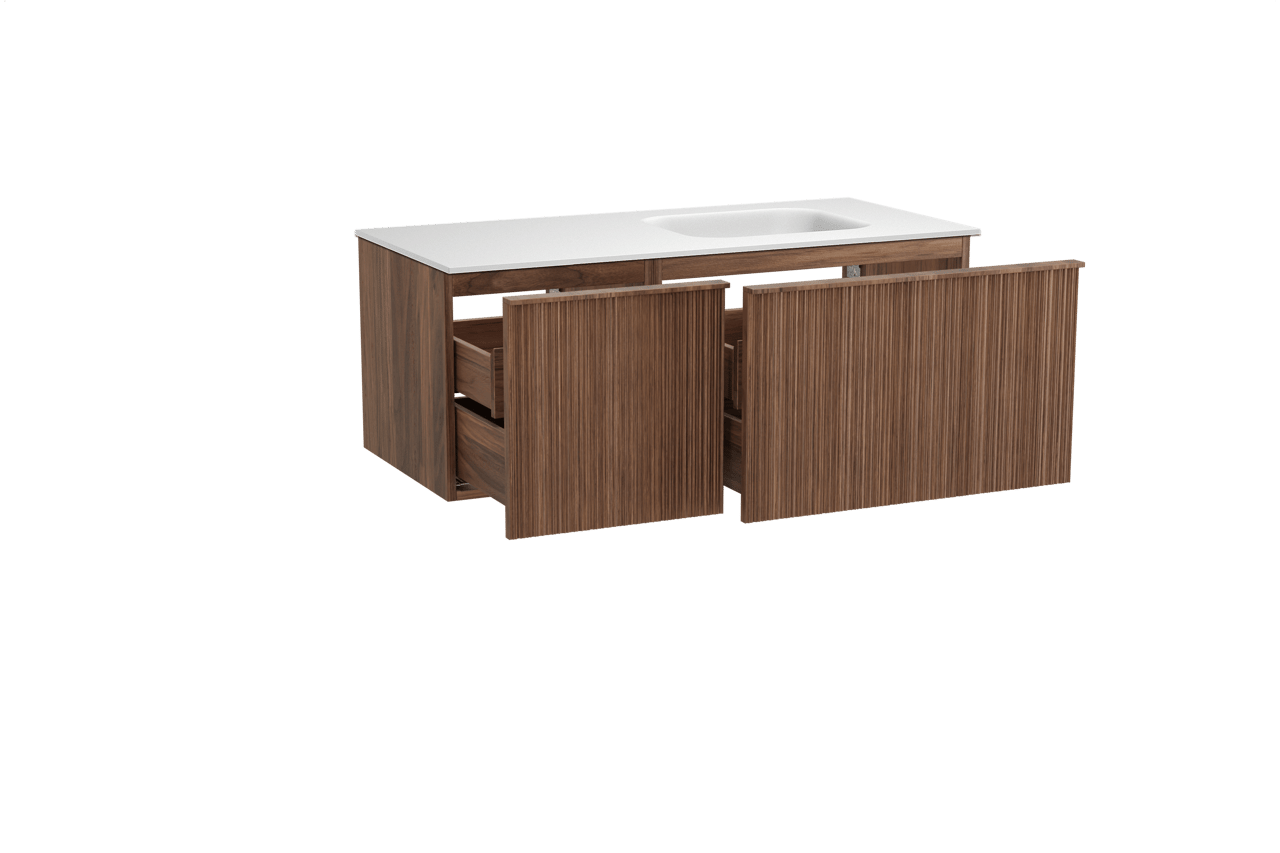 Balmani Forma zwevend badkamermeubel 120 x 55 cm amerikaanse notelaar met Tablo Arcato asymmetrisch rechtse wastafel in solid surface mat wit, Verticale asymmetrische ronde ribbel