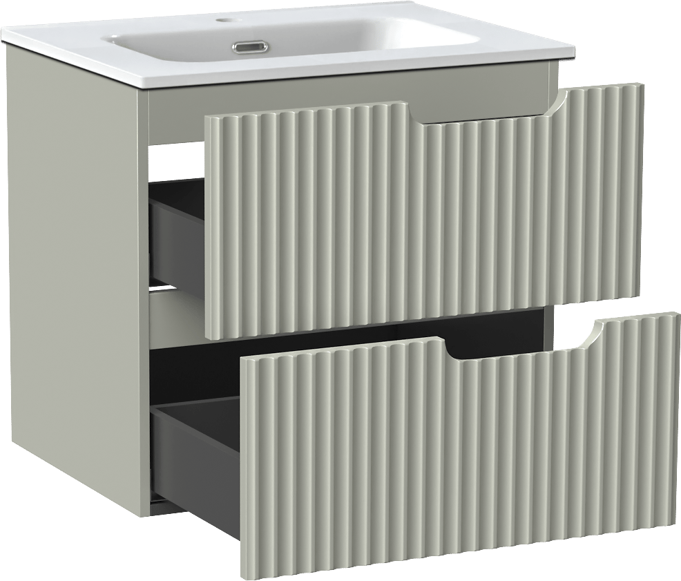 Linie Ribbo meuble salle de bains suspendu 60 x 46 cm greige avec Baro plan simple en porcelaine blanc brillant, Nervure circulaire symétrique verticale