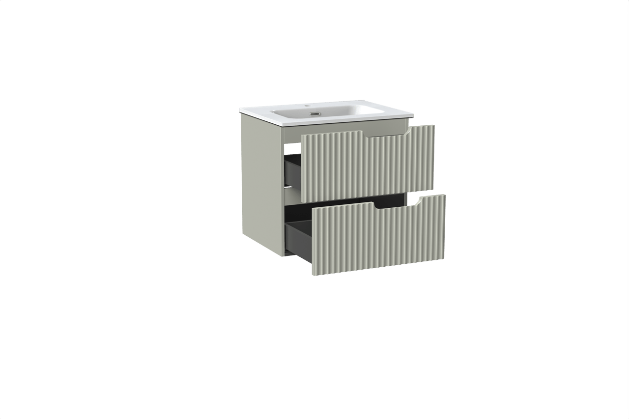 Linie Ribbo meuble salle de bains suspendu 60 x 46 cm greige avec Baro plan simple en porcelaine blanc brillant, Nervure circulaire symétrique verticale