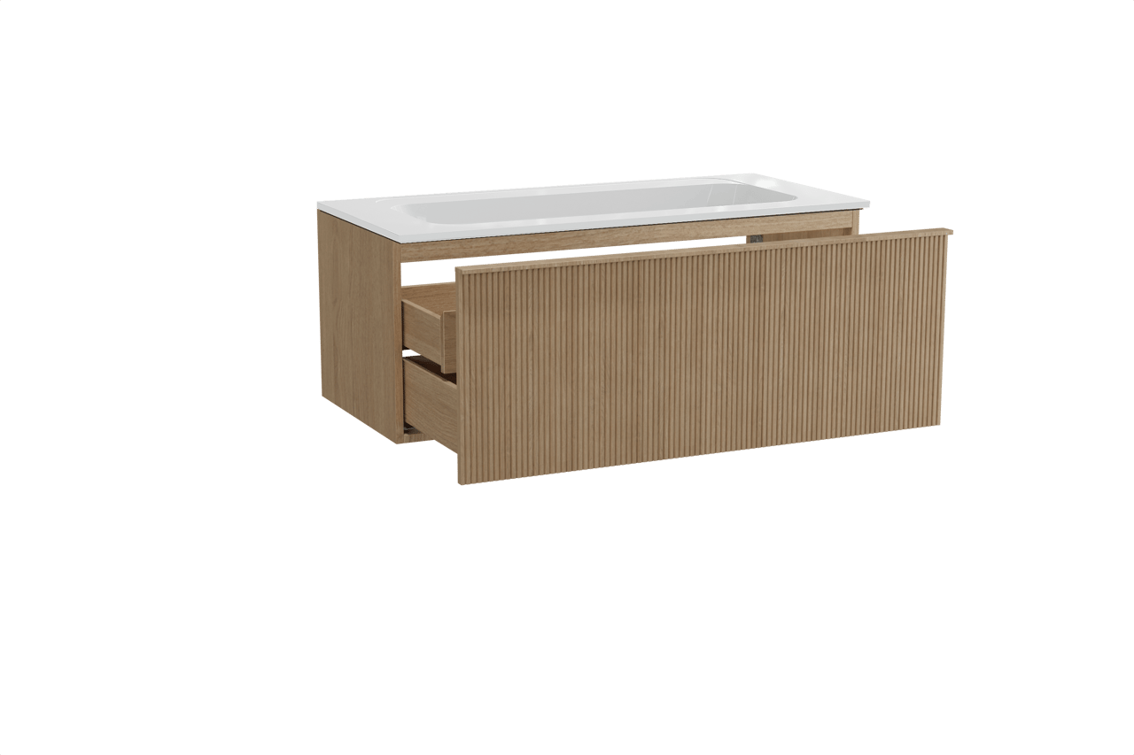 Balmani Forma zwevend badkamermeubel 120 x 55 cm natuur eik met Tablo Strada enkele wastafel in composietmarmer glanzend wit, Verticale symmetrische rechte ribbel