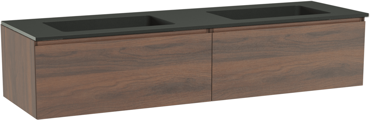 Storke Edge zwevend badmeubel 170 x 52 cm notenhout met Scuro dubbele wastafel in kwarts mat zwart