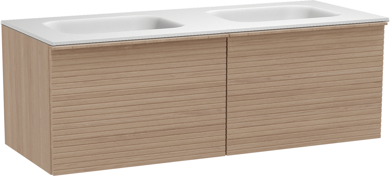 Balmani Forma zwevend badkamermeubel 135 x 55 cm natuur eik met Tablo Arcato dubbele wastafel in solid surface mat wit, Horizontale symmetrische rechte ribbel
