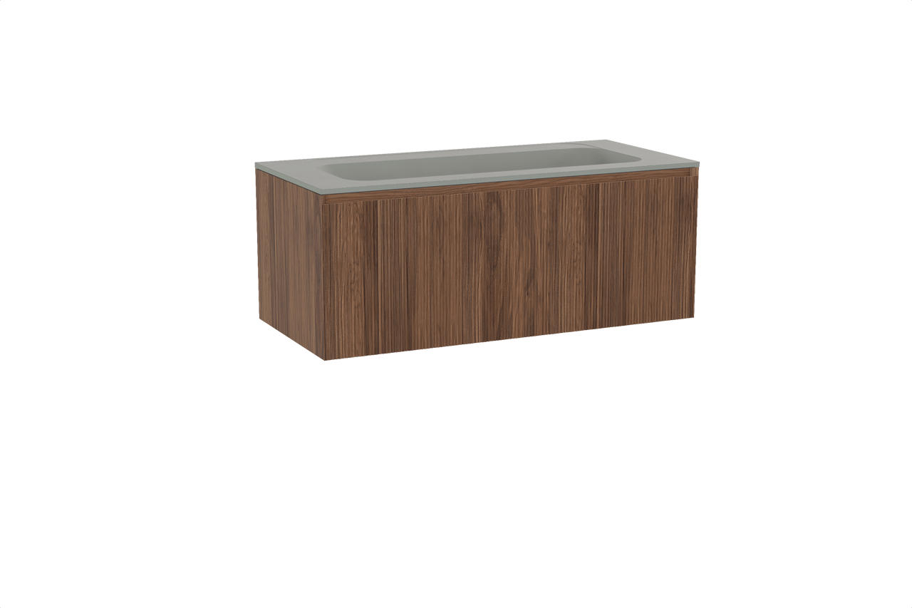 Balmani Fila hängendes Möbelstück Set: 120 x 55 cm, Nussbaum, mit Tablo Strada Einzelwaschtisch für 2 Armaturenlöcher, Marmorkomposit, Seidengrau, Vertikale symmetrische gerade Rippe