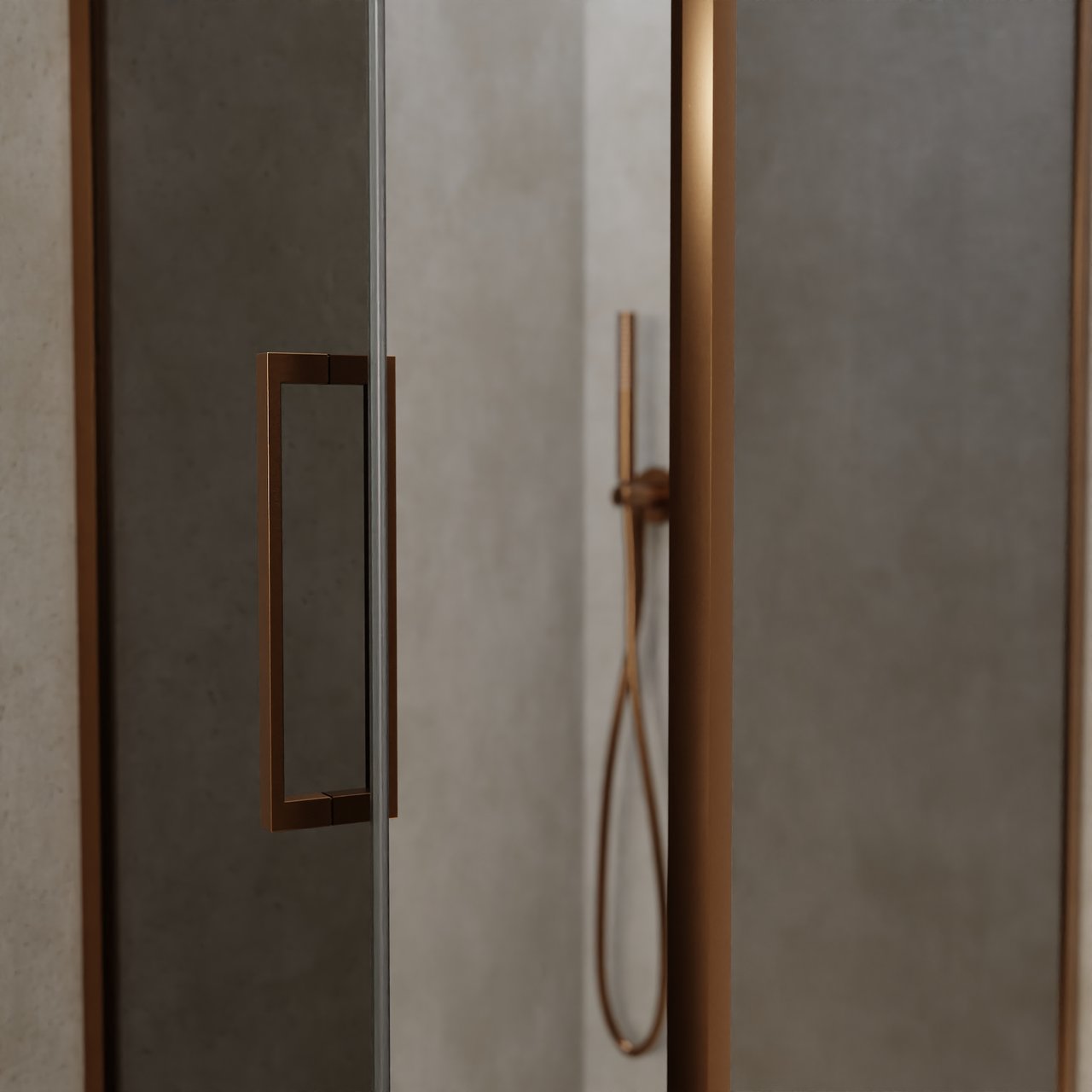 Balmani Senses Design douche en coin avec porte pivotante à gauche et paroi latérale fixe, 90 x 90 cm, Verre fumé, Profil Brushed Rosegold