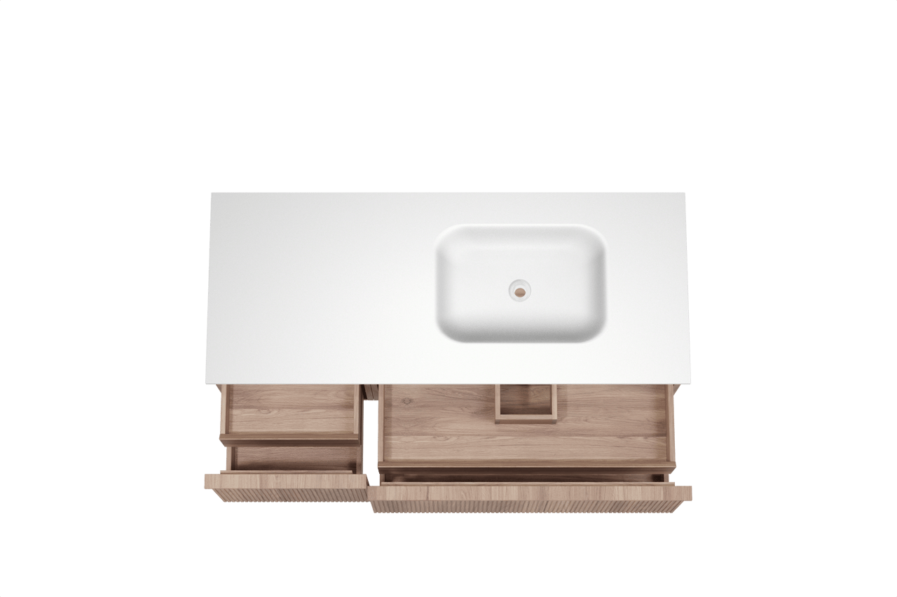 Balmani Forma meuble salle de bains suspendu 135 x 55 cm teck avec Tablo Arcato vasque asymétrique droite en solid surface blanc mat, Nervure droite symétrique verticale