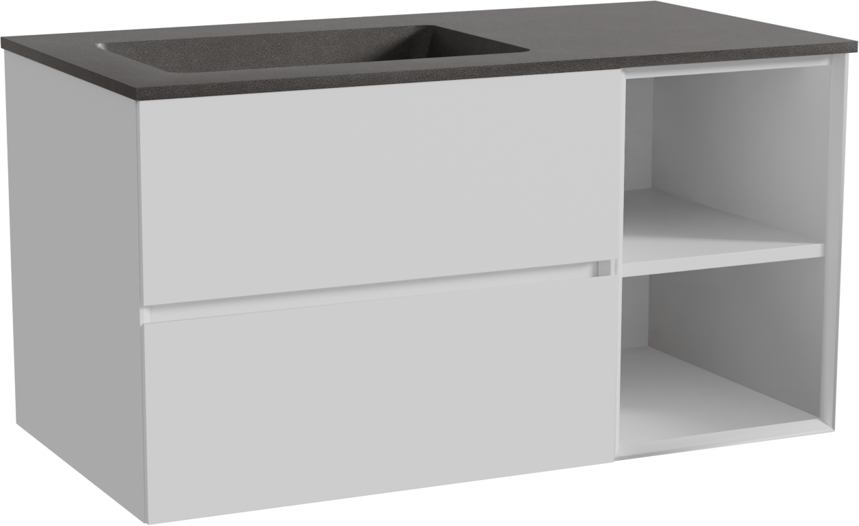 Storke Edge meuble salle de bains suspendu 100 x 52 cm blanc mat avec Scuro plan vasque asymétrique à gauche en quartz noir mat