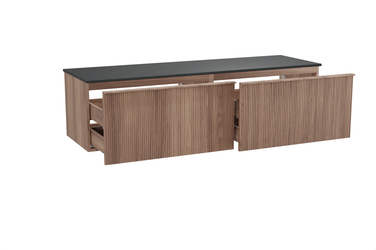 Balmani Forma hängendes Möbelstück Set: 180 x 55 cm, Teak, mit Stretto Einzel- oder Doppel Waschtischplatte, Granit, Schwarzes Granit, Vertikale symmetrische gerade Rippe